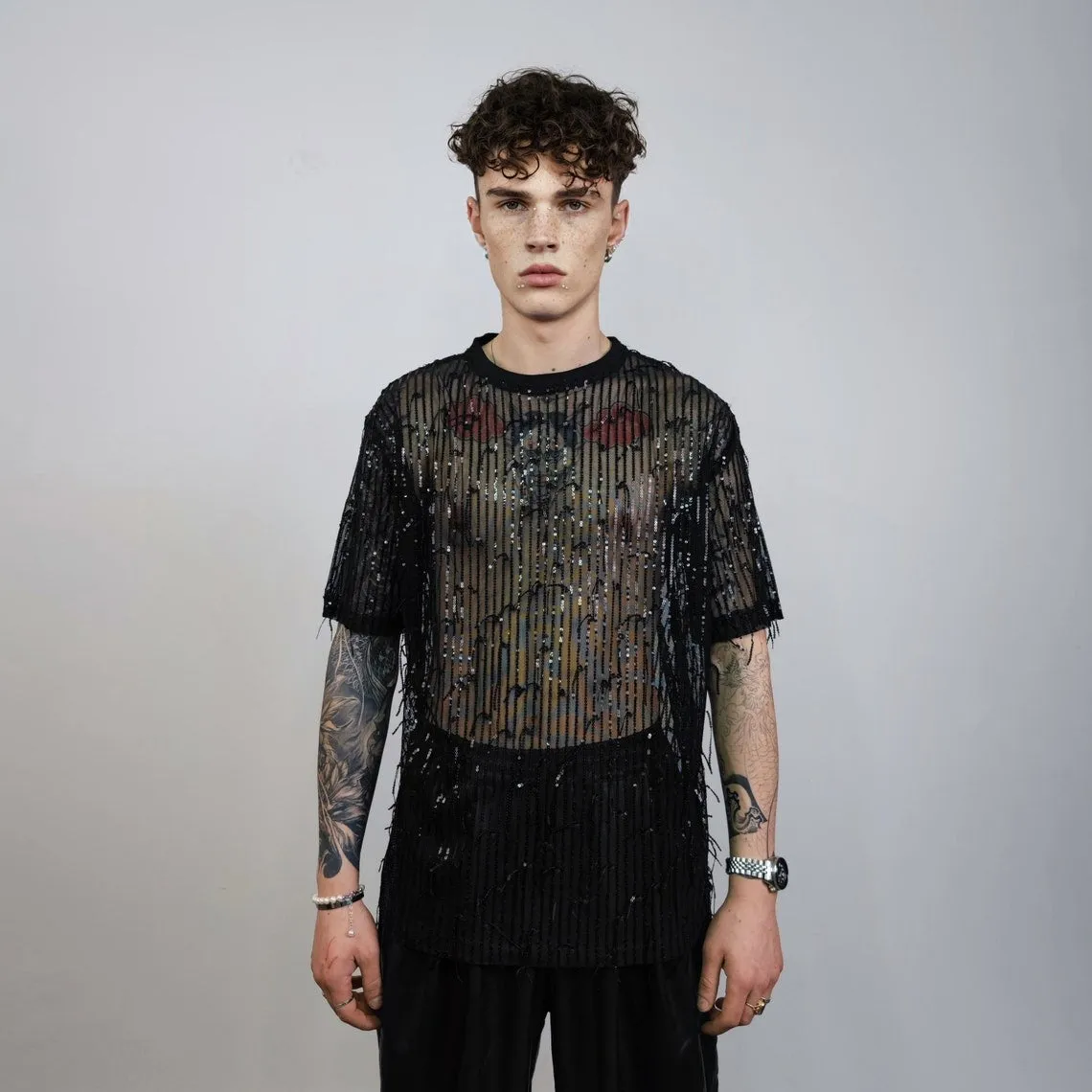 Black sequin t-shirt fringed top sparkle jumper party pullover glam tassels jumper fancy dress embellished going out sheer glitter tee