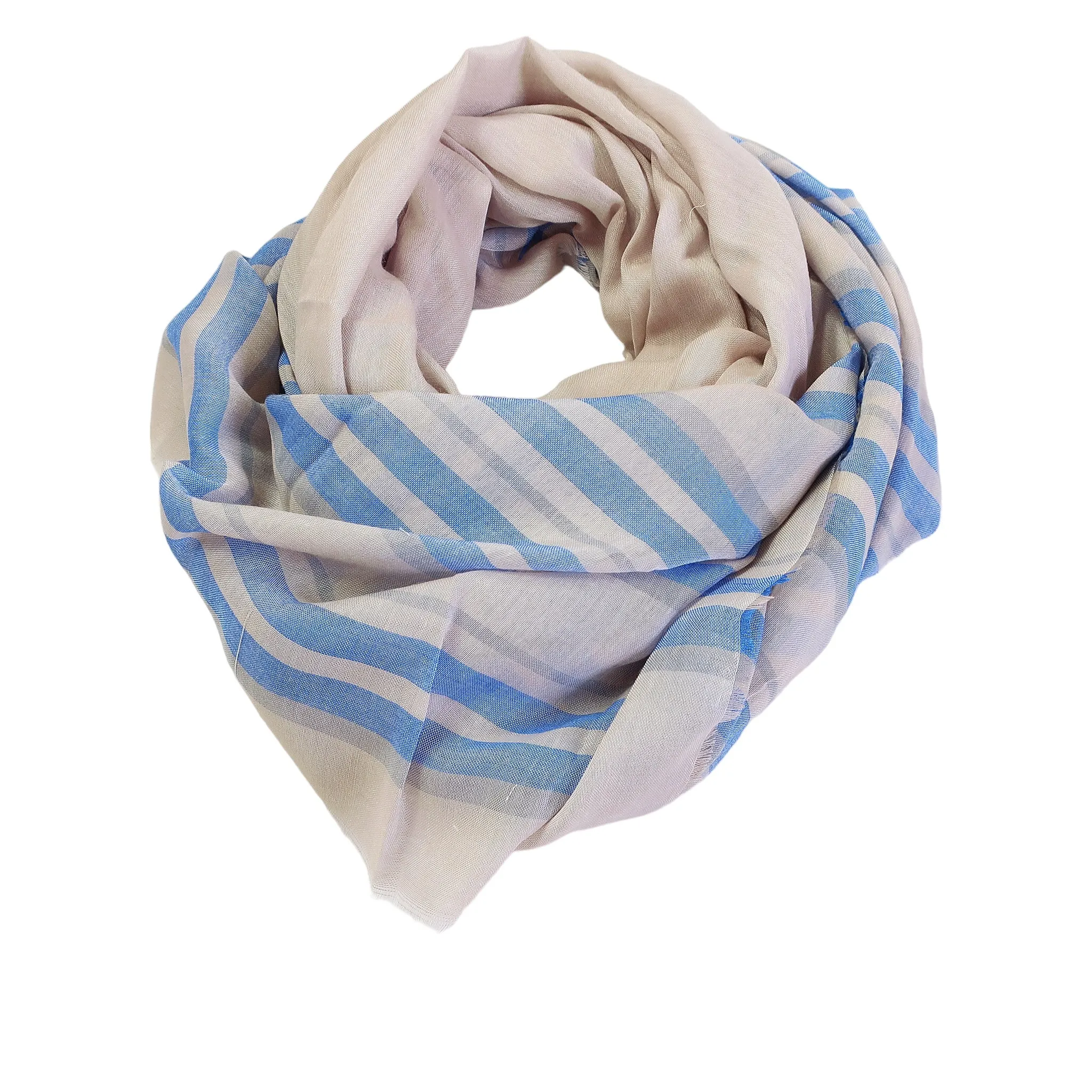 Blue Pacific Turkish Cotton Stripe Scarf in Wedgewood and Sand